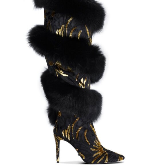 I am Jennifer Le Shoes - Jennifer Le BLK GLD X (RUNWAY) Thigh Boots RETAILS $1,150 REAL LEATHER & FOX FUR